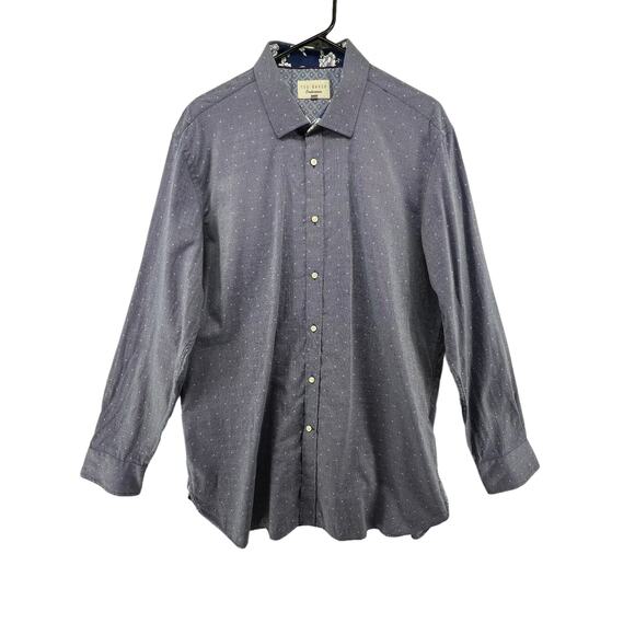 Ted Baker Size 17.5 34/35 Endurance Button Up Dress Shirt Blue Polka Dot Cotton - Picture 1 of 5